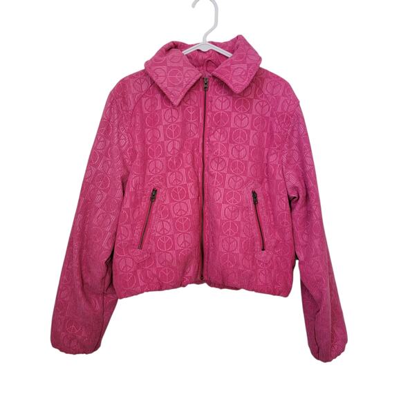 Urban Outfitters‎ UO Femme Embossed Jacket Sz Medium Pink Puffer Full Zip Peace - Picture 3 of 16